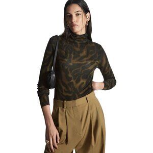COS Top Size Medium Turtleneck Long Sleeve Top Abstract Tiger Print Black Brown